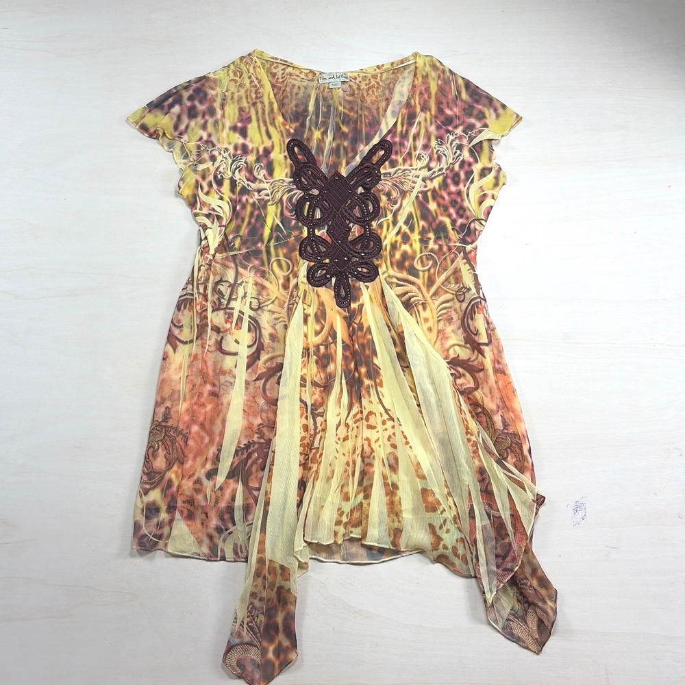 Live and Let Live Vintage Y2K Leopard Print Sheer Mesh Tunic Blouse Macrame L